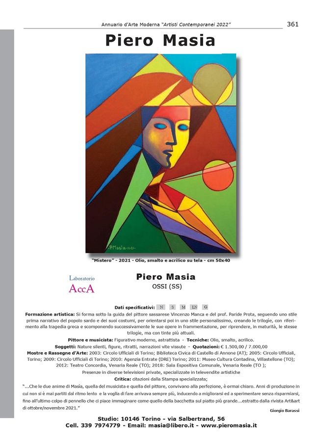 Piero MASIA su Annuario d Arte Moderna artisti contemporanei edito da Acca International di ROMA